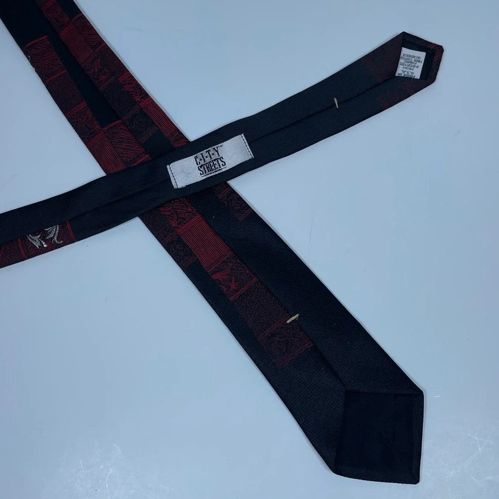 Vintage City Streets Skinny Necktie Tie Black Burgundy Fleur De Lis Geometric